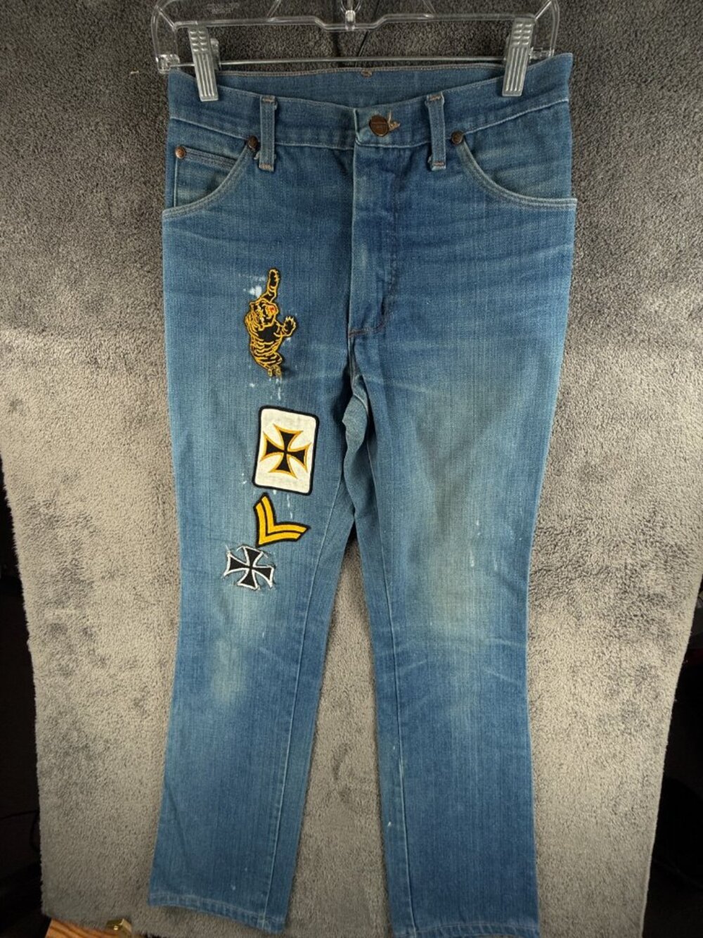 VTG Wrangler Blue Bell Jeans Custom Patches USA Made Cotton Blend Military Biker